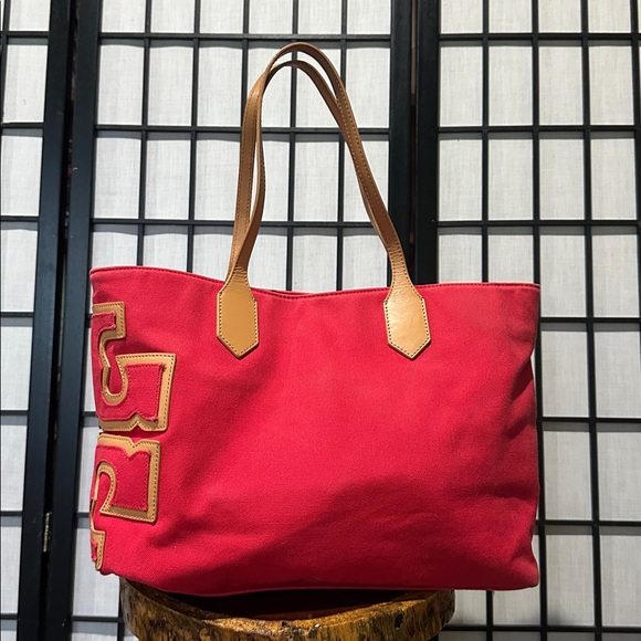 Tory Burch Large Red and Camel Brooke Canvas Tote | EUC | Striped Fabric Lining - Picture 3 of 11
